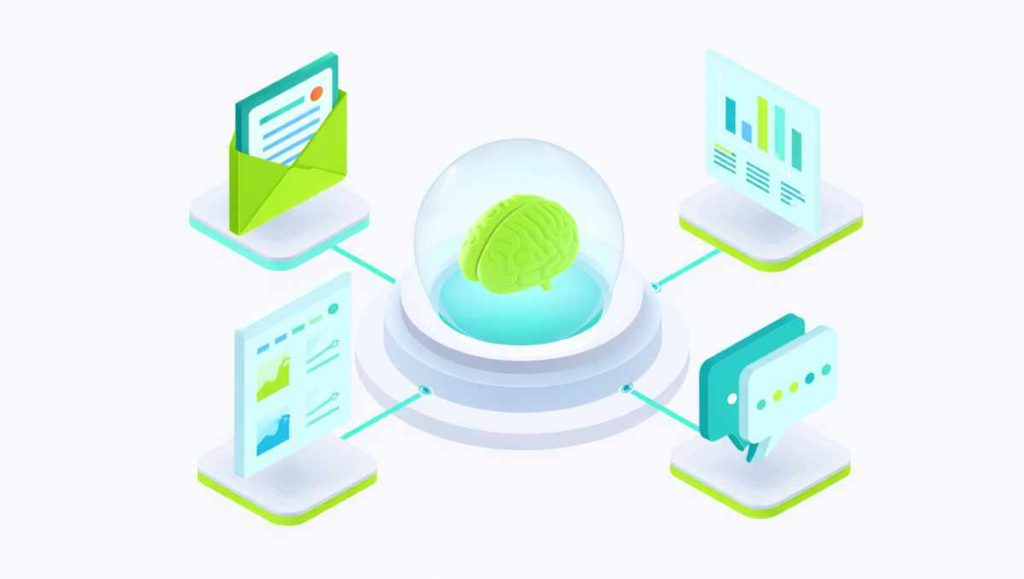 Ilustración de automatización de marketing digital con IA mostrando un flujo de trabajo conectado a un cerebro de inteligencia artificial.