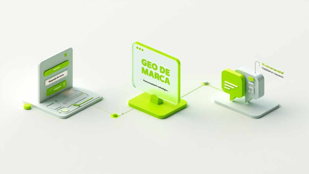 Ilustración de Branded GEO mostrando la evolución del SEO en Google hacia aparecer en agentes de IA como ChatGPT o Gemini.