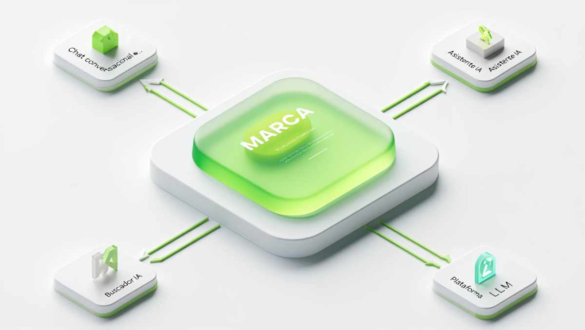 Ilustración de Branded GEO mostrando una marca destacada en el centro rodeada de agentes de IA que la recomiendan