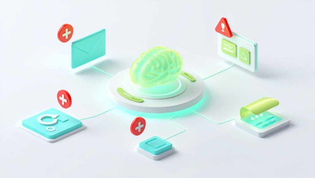Ilustración de errores comunes al usar inteligencia artificial en marketing digital mostrando un cerebro de IA conectado a iconos de marketing con señales de advertencia.