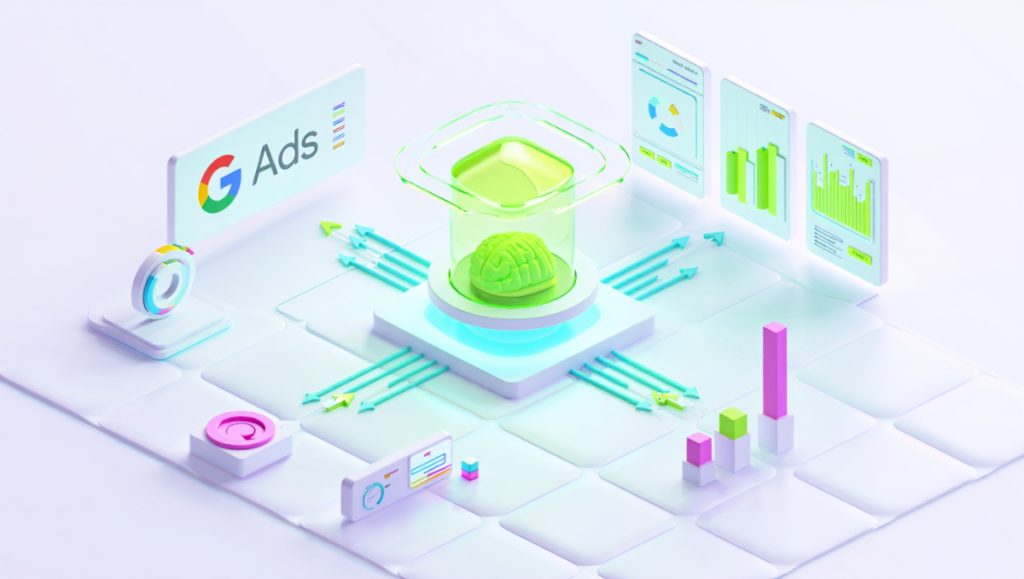 Ilustración del futuro del SEM mostrando el logo de Google Ads conectado a un cerebro de IA y un dashboard automatizado con gráficos.