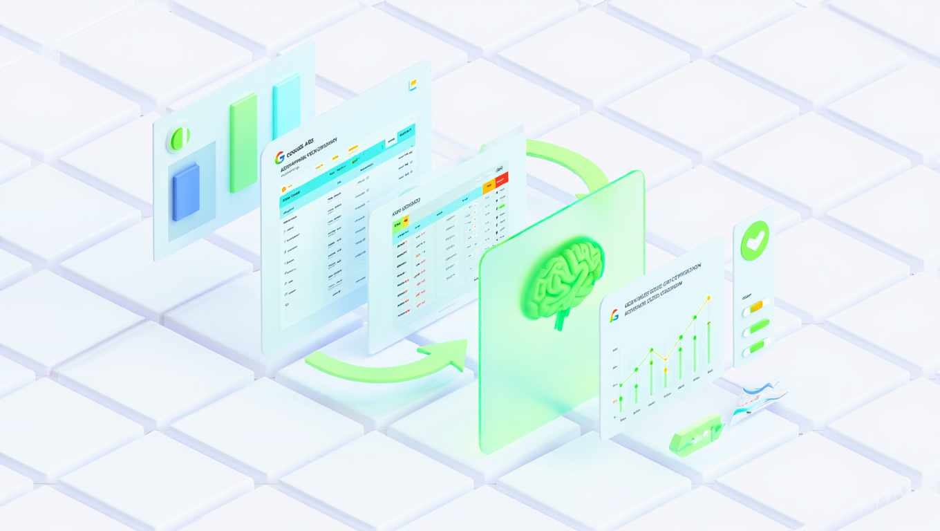 Ilustración de la evolución del SEM mostrando campañas manuales de Google Ads transformándose en Performance Max y automatización con IA en 2025.