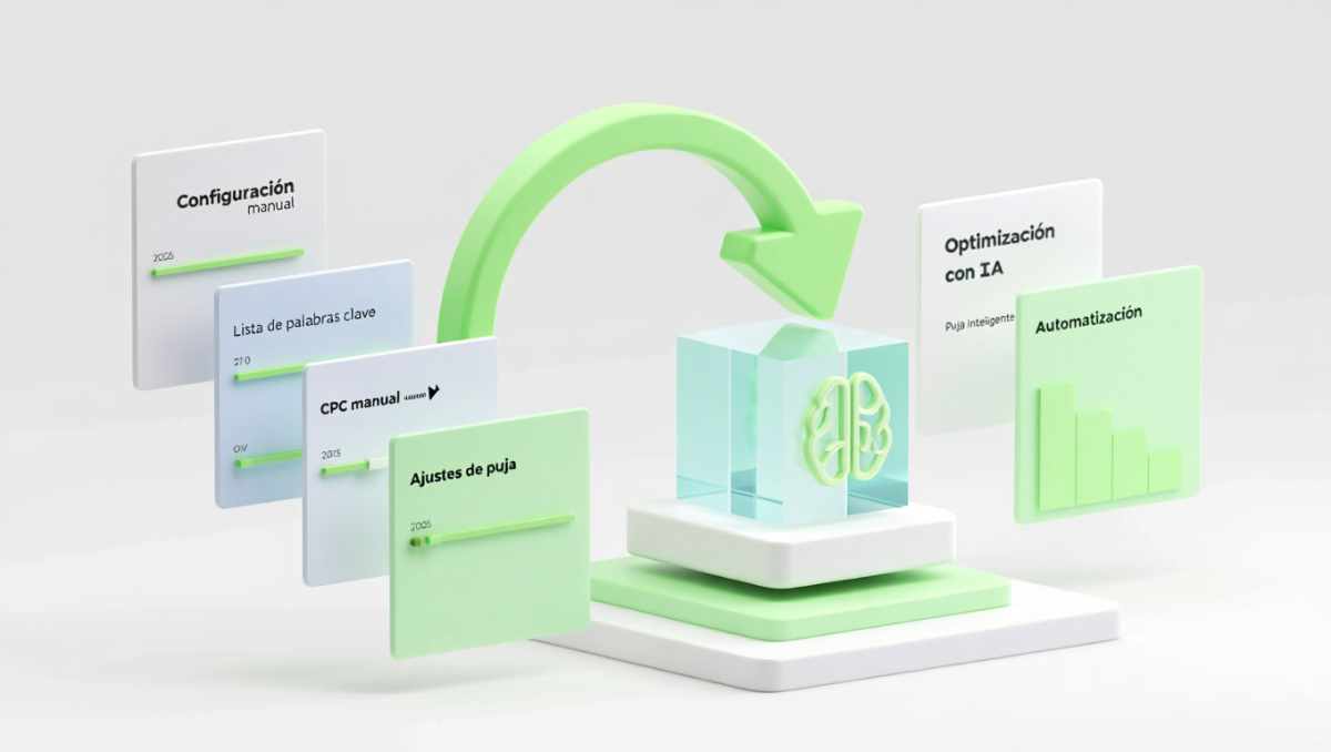 Ilustración de la evolución de Google Ads desde campañas manuales hasta Performance Max con IA