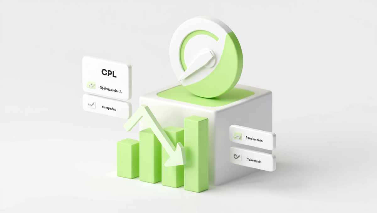 Ilustración de Google Ads con IA mostrando velocidad de optimización, anuncios personalizados y CPL más bajo.