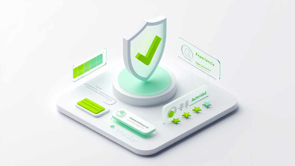 Ilustración de EEAT en SEO 2025 con escudo de confianza, reseñas y autoría para reforzar credibilidad y autoridad online.