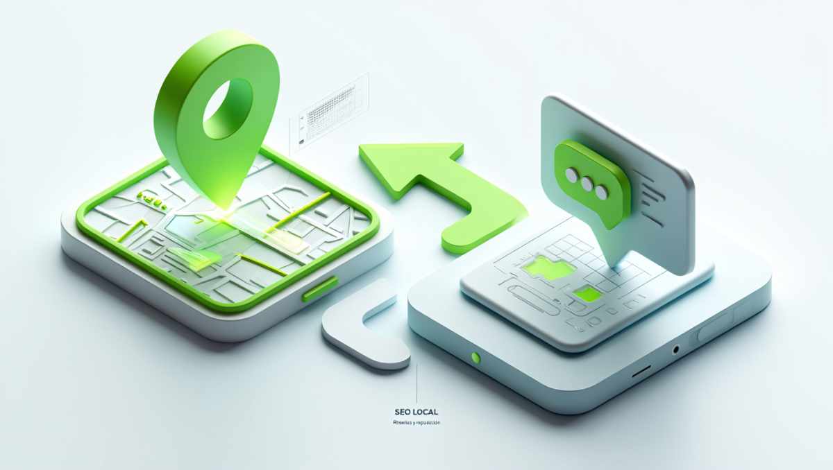 Ilustración de la evolución del SEO local en 2025 mostrando un mapa con pin de Google conectado a un asistente de IA con recomendaciones locales.