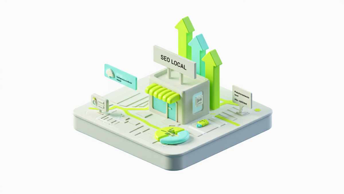 Ilustración de cierre mostrando un negocio local destacado en un mapa con asistentes de IA recomendándolo y flechas ascendentes de crecimiento.