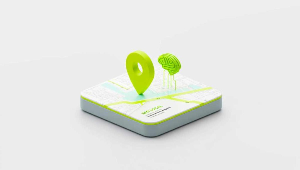 Ilustración de SEO local con inteligencia artificial mostrando un mapa con un pin de ubicación conectado a un cerebro de IA.